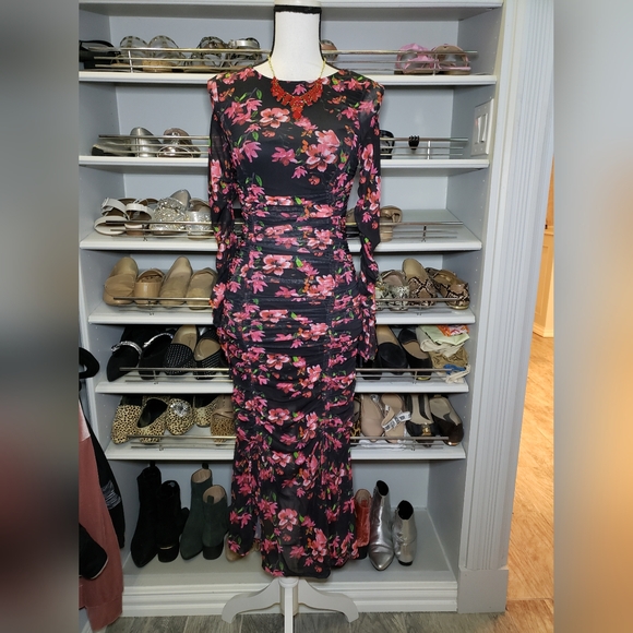 CLEARANCE Ruched Floral Mesh Midi Dress - Picture 3 of 10
